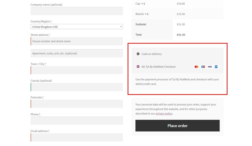 Tyl NatWest WooCommerce checkout